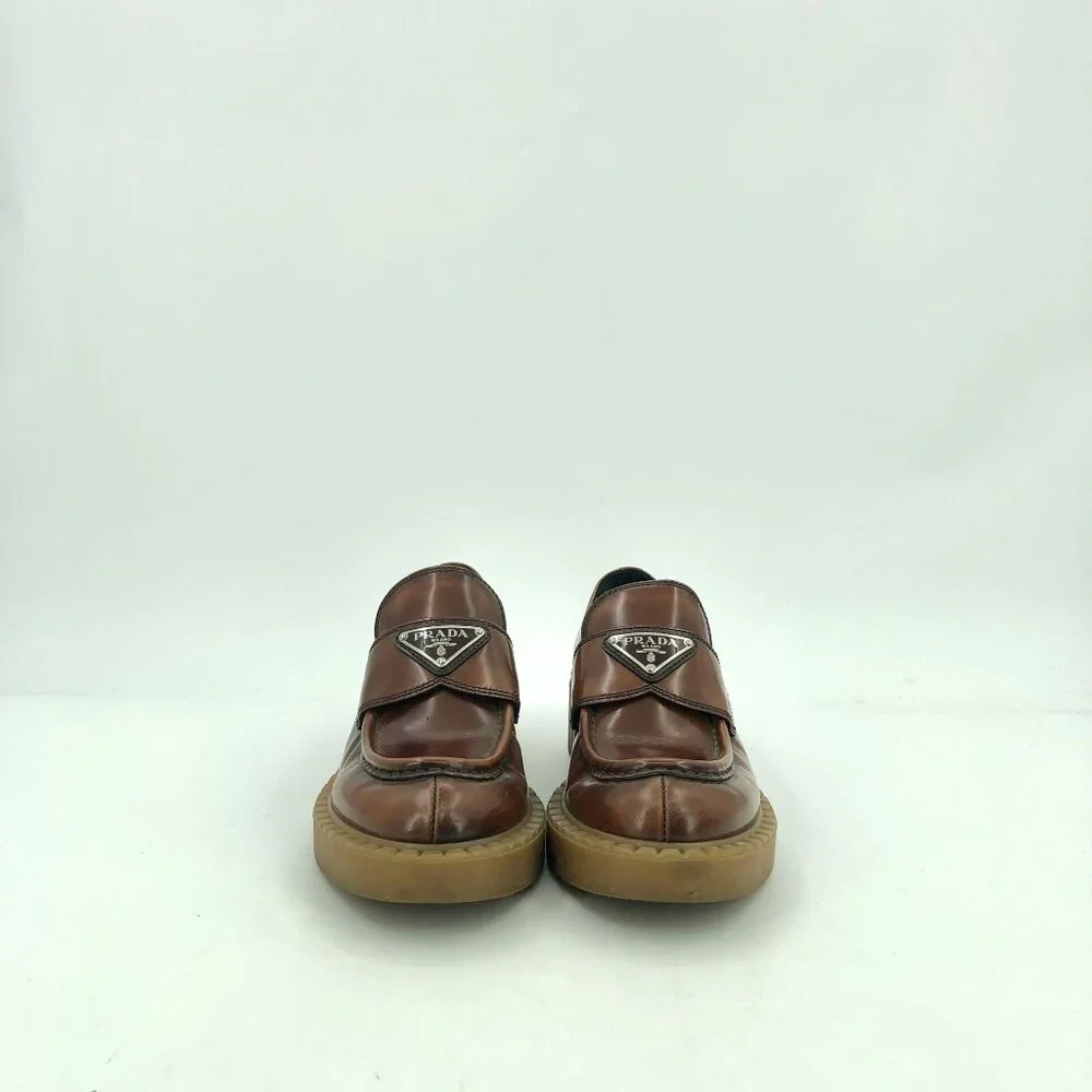 Prada Womens Brown Leather Logo Loafers Size 35 Thick Sole Made In Italy - Picture 8 of 9